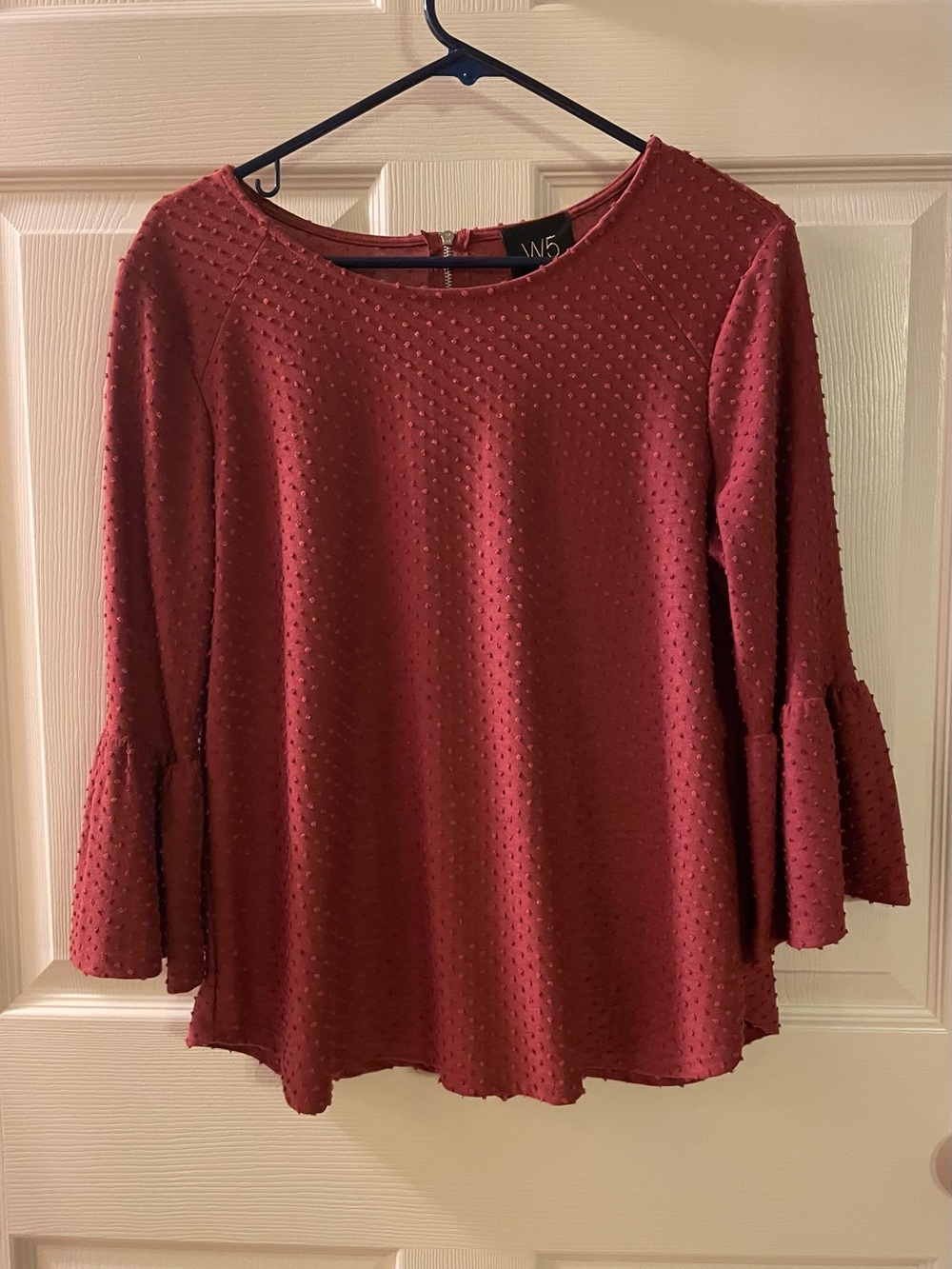 W5 Rust Swiss Dot Bell Sleeve Top | Textured 3/4 Ruffle Sleeve Blouse Medium